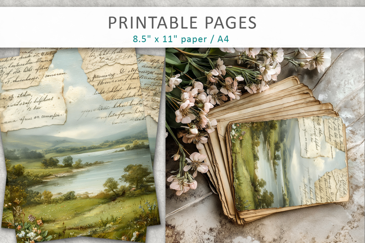 Vintage Landscape Junk Journal Pages, cottagecore journal