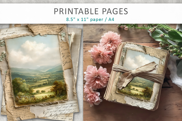 Vintage Landscape Junk Journal Pages, antique paper
