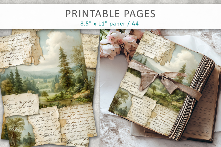 Vintage Landscape Junk Journal Pages, scrapbook paper