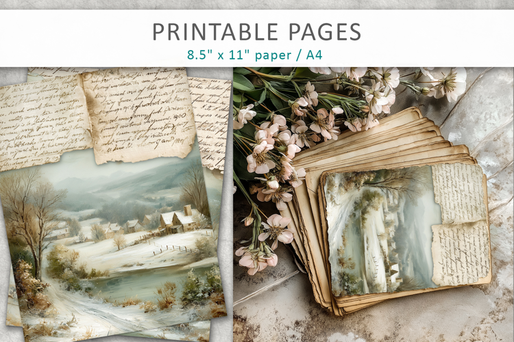 Vintage Landscape Junk Journal Pages, mixed media paper