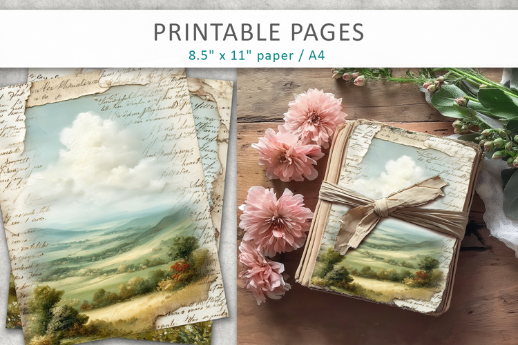 Vintage Landscape Junk Journal Pages, ephemera sheet
