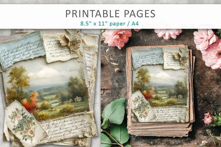 Vintage Landscape Junk Journal Pages, craft paper
