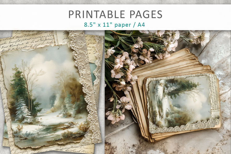 Vintage Landscape Junk Journal Pages, old paper texture