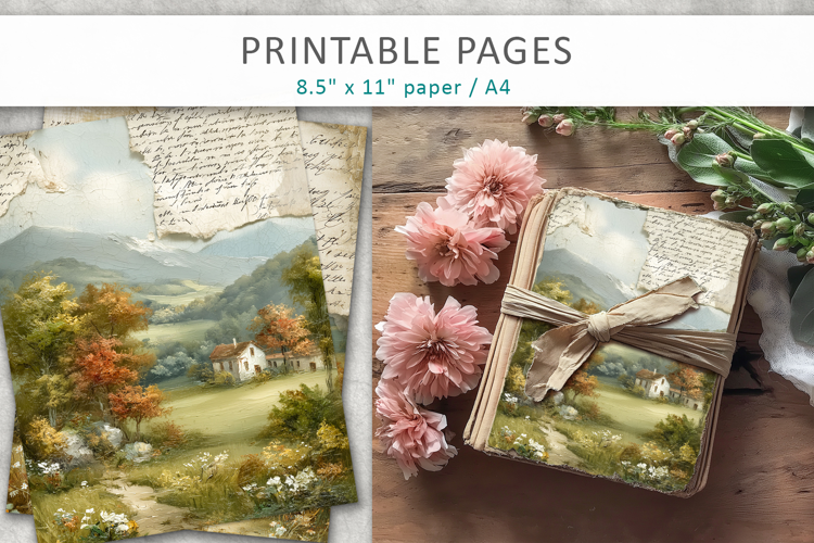 Vintage Landscape Junk Journal Pages, printable collage