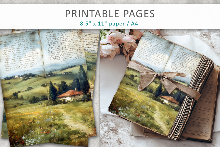 Vintage Landscape Junk Journal Pages, shabby vintage