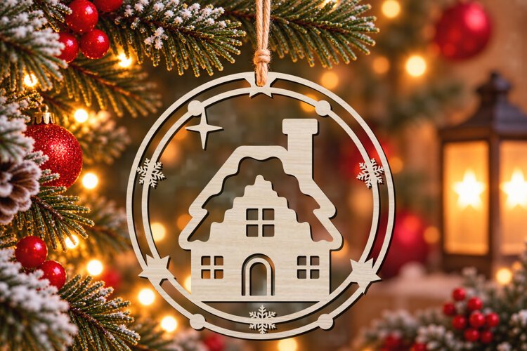 Laser Cut Christmas House Ornament SVG example image 1