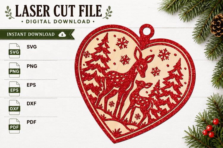 Laser Cut Christmas Reindeer Heart Ornament SVG example image 1