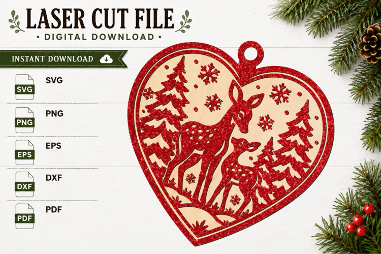 Laser Cut Christmas Reindeer Heart Ornament SVG