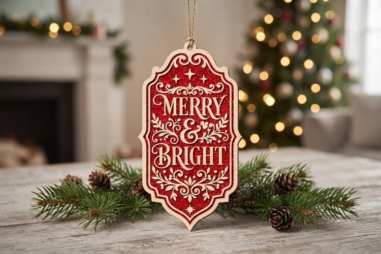 Laser Cut Merry & Bright Christmas Ornament SVG example image 1