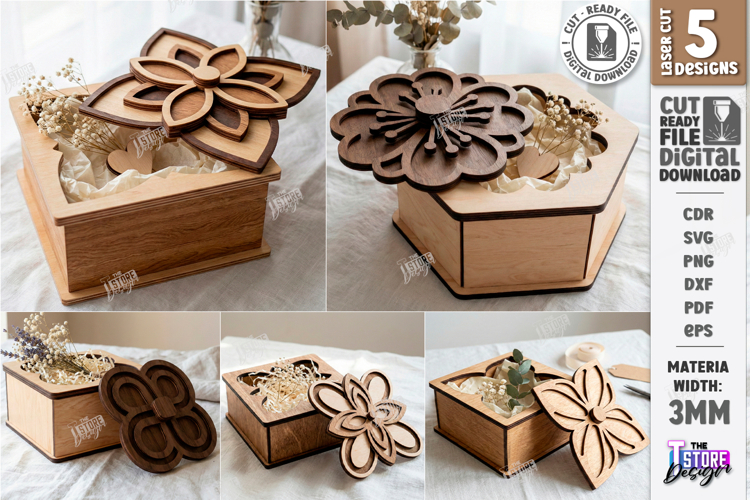 Gift Boxes Laser Cut Bundle | Floral Lid Jewelry Boxes | CNC