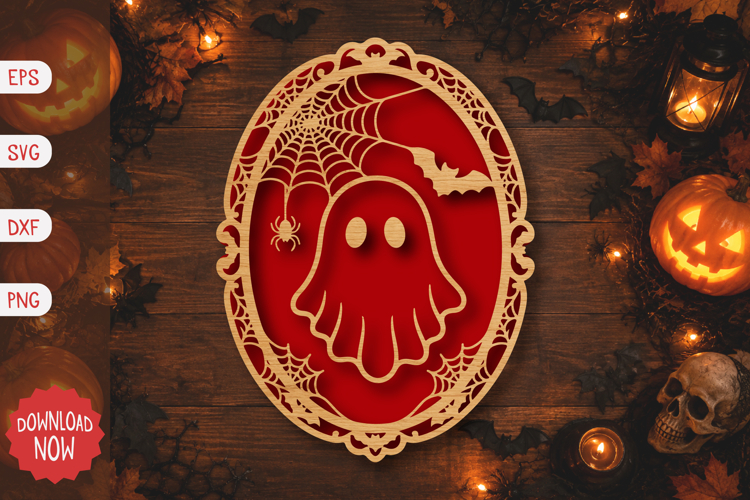 Ghost with Spiderweb and Bat SVG