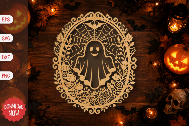 Bat and Flower Ghost Medallion SVG