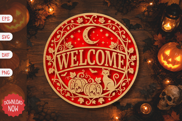 Welcome with Cat, Pumpkins & Moon SVG
