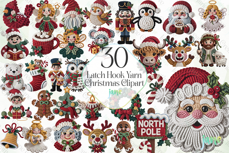 Latch Hook Yarn Christmas Clipart Bundle