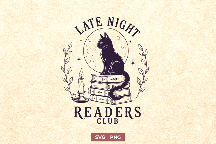 Late Night Readers Club SVG, Bookish Cat PNG, Dark Academia