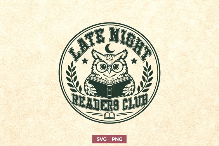Late Night Readers Club SVG, Bookish Owl PNG, Night Owl Book example image 1