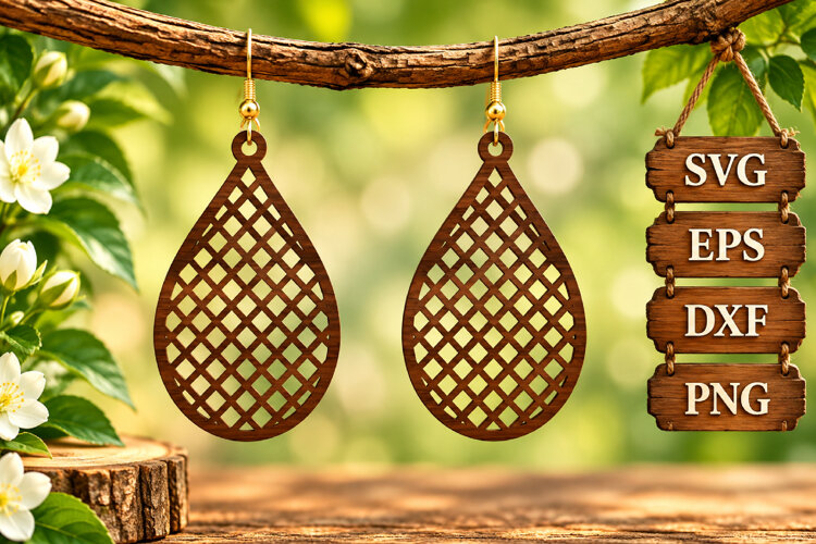 Lattice Mesh Earring Teardrop Wooden Plaid Geometric SVG example image 1