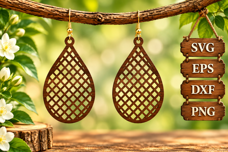Lattice Mesh Earring Teardrop Wooden Plaid Geometric SVG