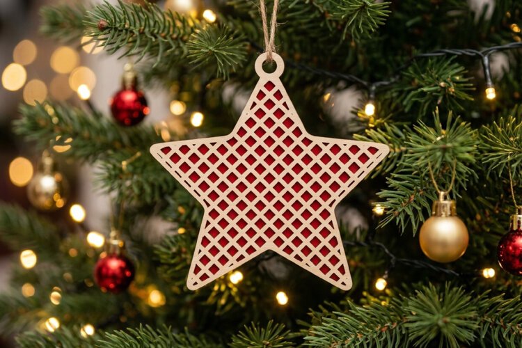 Lattice Wood Christmas Star SVG Laser Cut Red Ornament example image 1