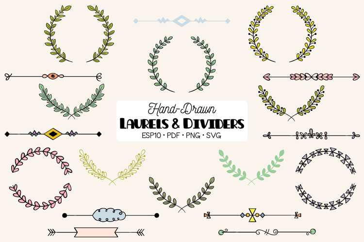Colored Laurels & Divider | Hand Drawn Leaf Border, Wreath