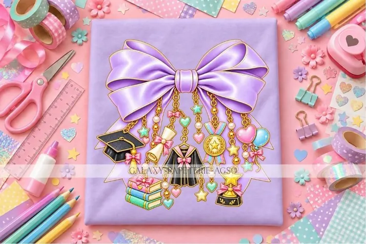 Lavender Graduation Bow PNG with Pastel Charms, Senior