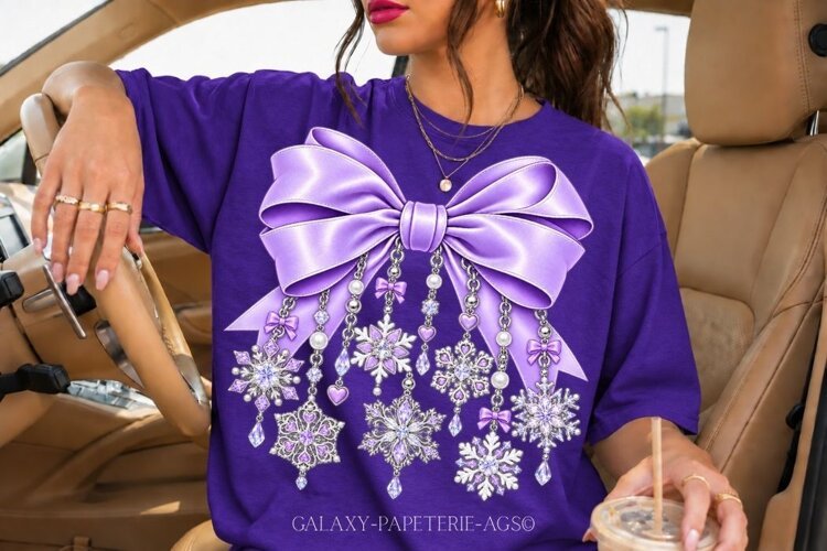 Lavender Snowflake Bow PNG with Silver Charms example image 1
