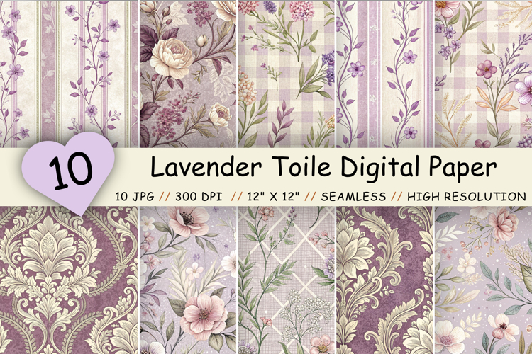 Lavender Toile Digital Paper Pack, Vintage Floral Toile
