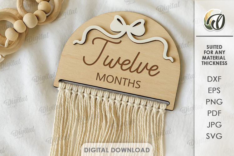 Macrame Baby Milestone Card Laser Cut.12 Months SVG