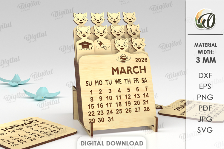 Layered Calendar 2026 Laser Cut. Calendar With Cat SVG