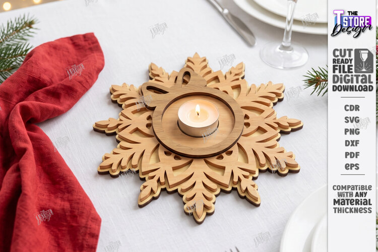 Snowflake Tealight Holder Laser Cut | Christmas Candle Tray example image 1