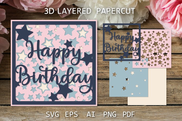 Layered Happy Birthday card with stars, paper cut card SVG