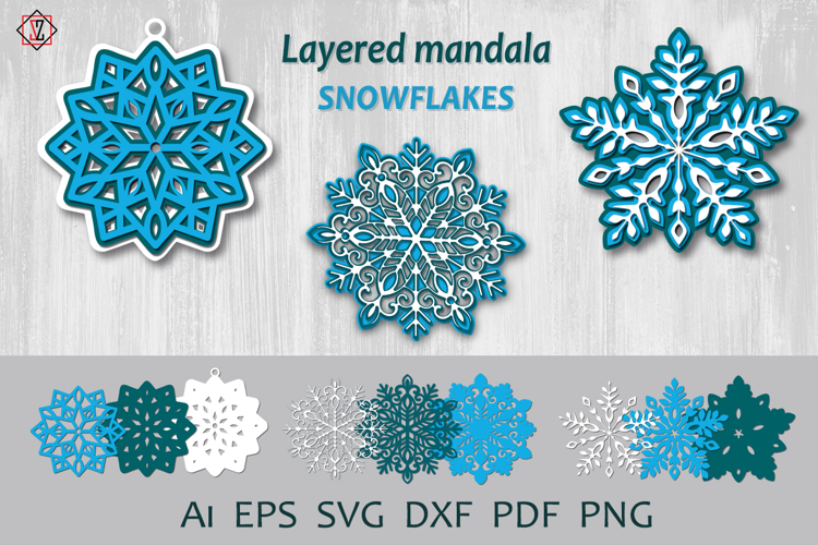 Layered mandala snowflakes. 3D design. SVG