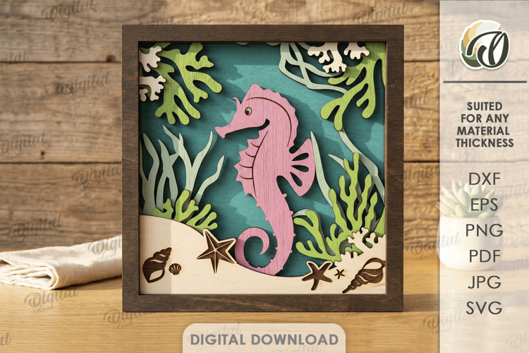 3D Layered Wall Art Sign Laser Cut. Summer. Seahorse SVG