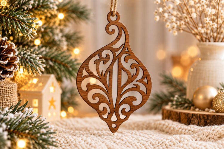 Ornate Teardrop Christmas Ornament SVG Laser Cut File example image 1