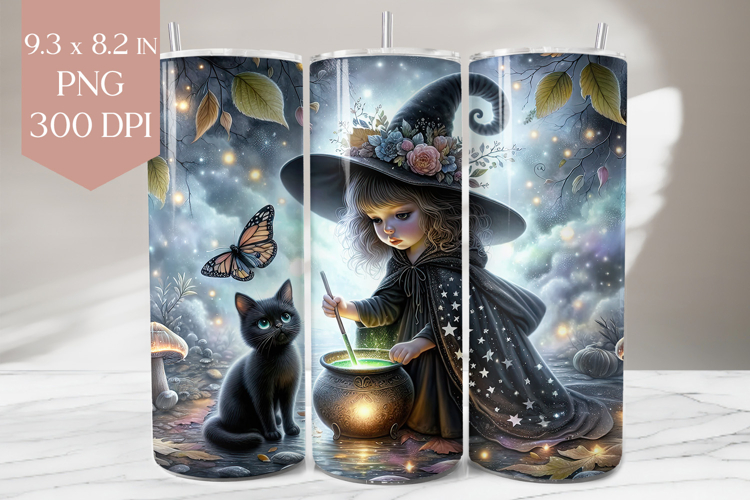 Witch Tumbler Wrap PNG, Cauldron Black Cat Design