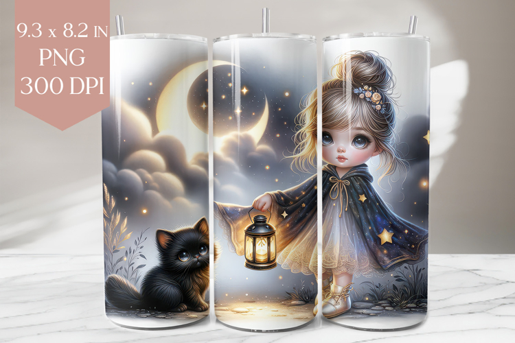 Galaxy Girl and Black Cat Tumbler Wrap PNG