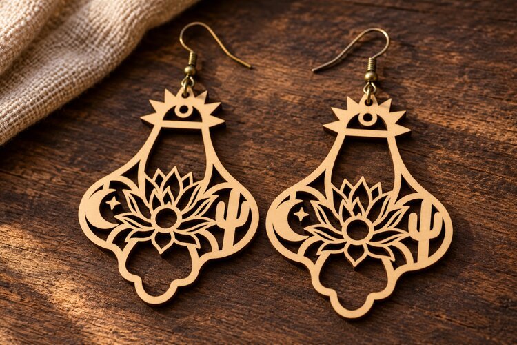 Crown Lotus Floral Wooden Earrings Laser Cut SVG, Scenic example image 1
