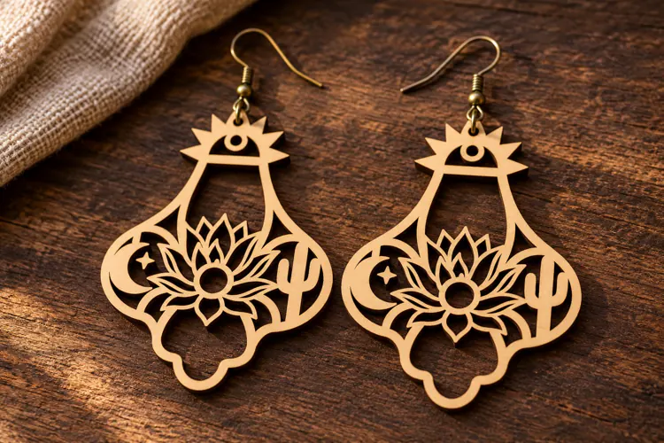 Crown Lotus Floral Wooden Earrings Laser Cut SVG, Scenic