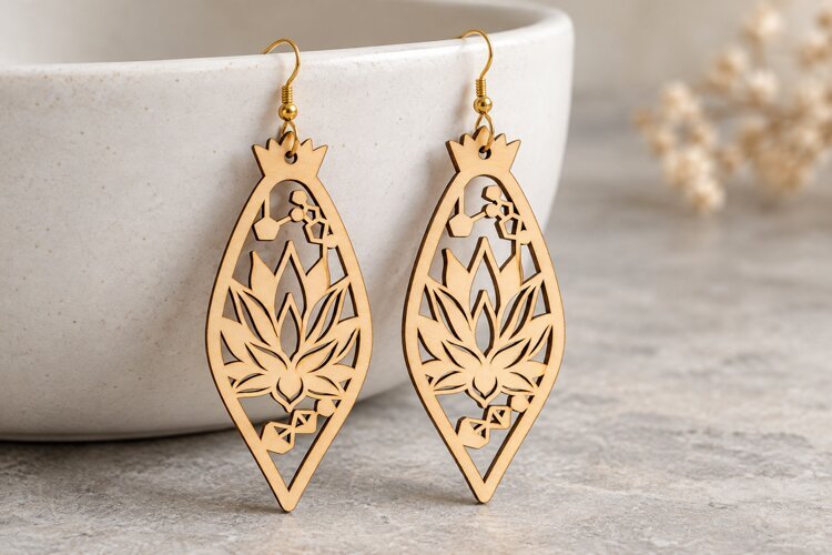 Diamond Lotus Floral Wooden Earrings Laser Cut SVG, Geometri example image 1