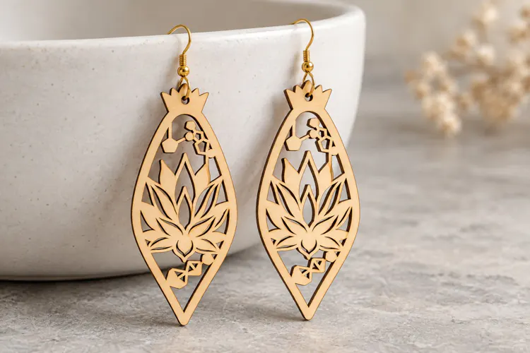 Diamond Lotus Floral Wooden Earrings Laser Cut SVG, Geometri