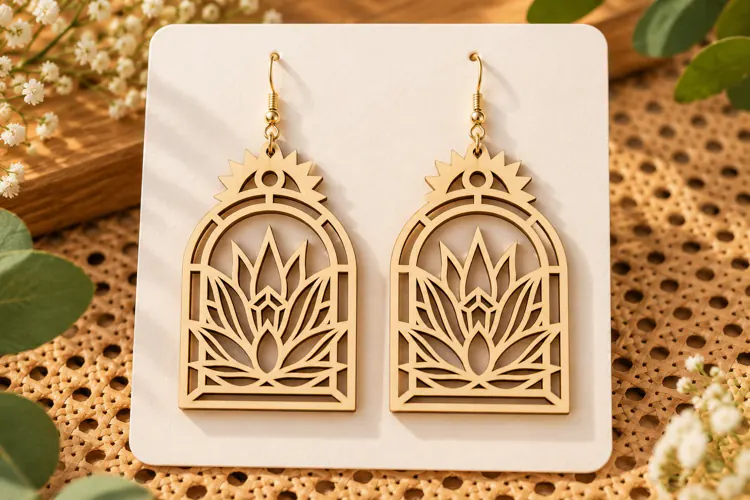 Arch Lotus Floral Window Wooden Earrings Laser Cut SVG, Bota