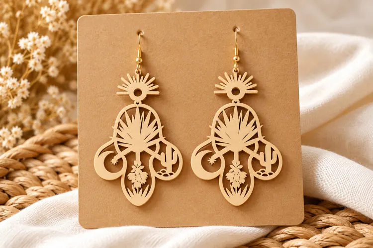 Fan Shape Lotus Floral Crescent Wooden Earrings Laser Cut SV