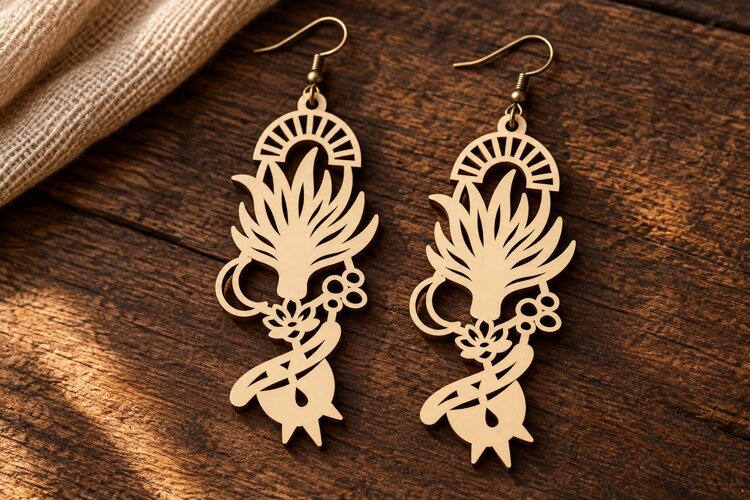 Long Drop Lotus Floral Tree Wooden Earrings Laser Cut SVG example image 1