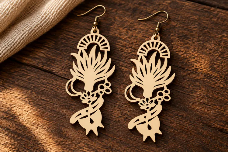 Long Drop Lotus Floral Tree Wooden Earrings Laser Cut SVG