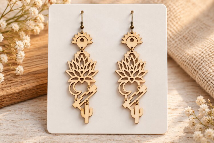 Long Drop Lotus Floral Tree Wooden Earrings Laser Cut SVG example image 1
