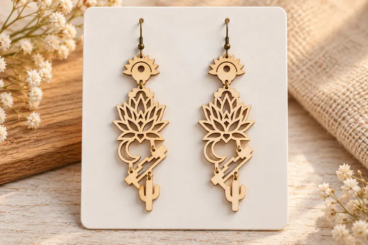 Long Drop Lotus Floral Tree Wooden Earrings Laser Cut SVG