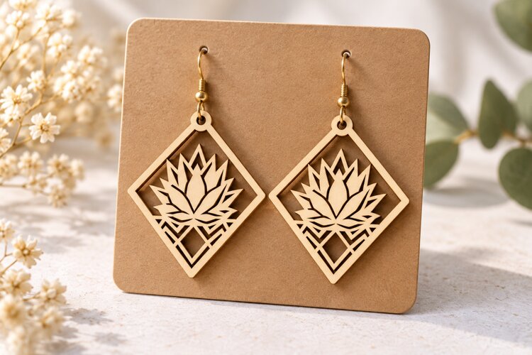 Diamond Lotus Floral Wooden Earrings Laser Cut SVG, Geometri example image 1