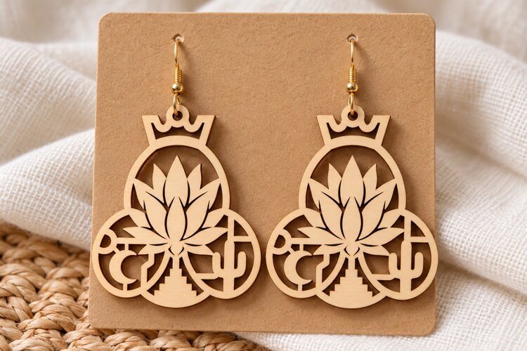 Crown Lotus Floral Wooden Earrings Laser Cut SVG, Scenic Dan example image 1