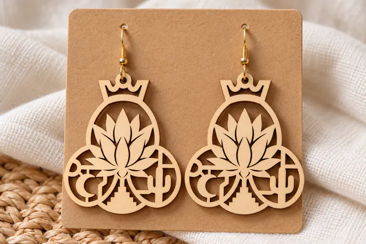 Crown Lotus Floral Wooden Earrings Laser Cut SVG, Scenic Dan