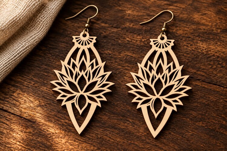 Teardrop Lotus Floral Wooden Earrings Laser Cut SVG, Botanic example image 1